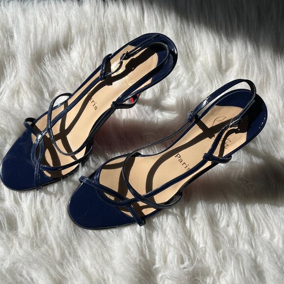 Christian Louboutin Navy Blue Patent Leather Strappy Heels Red Bottoms - Picture 2 of 10